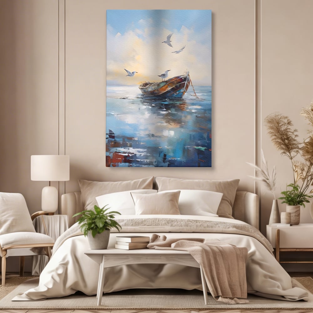 Tablou canvas cu tablou canvas cu barca si pescarusi, fara rama, pe sasiu de lemn, pe perete intr-un dormitor
